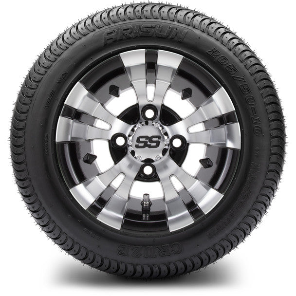 10" Vampire Machined Black Wheels on Arisun Cruze 205/50-10 Street Tire MODZ