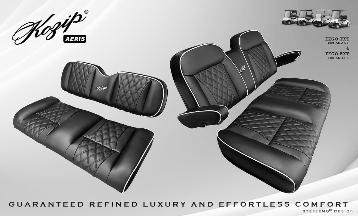 Kozip (AERIS) Front and Rear Seat Cushion Set – Black Base with White Piping – Black Cross Stitch for EZGO RXV/TXT