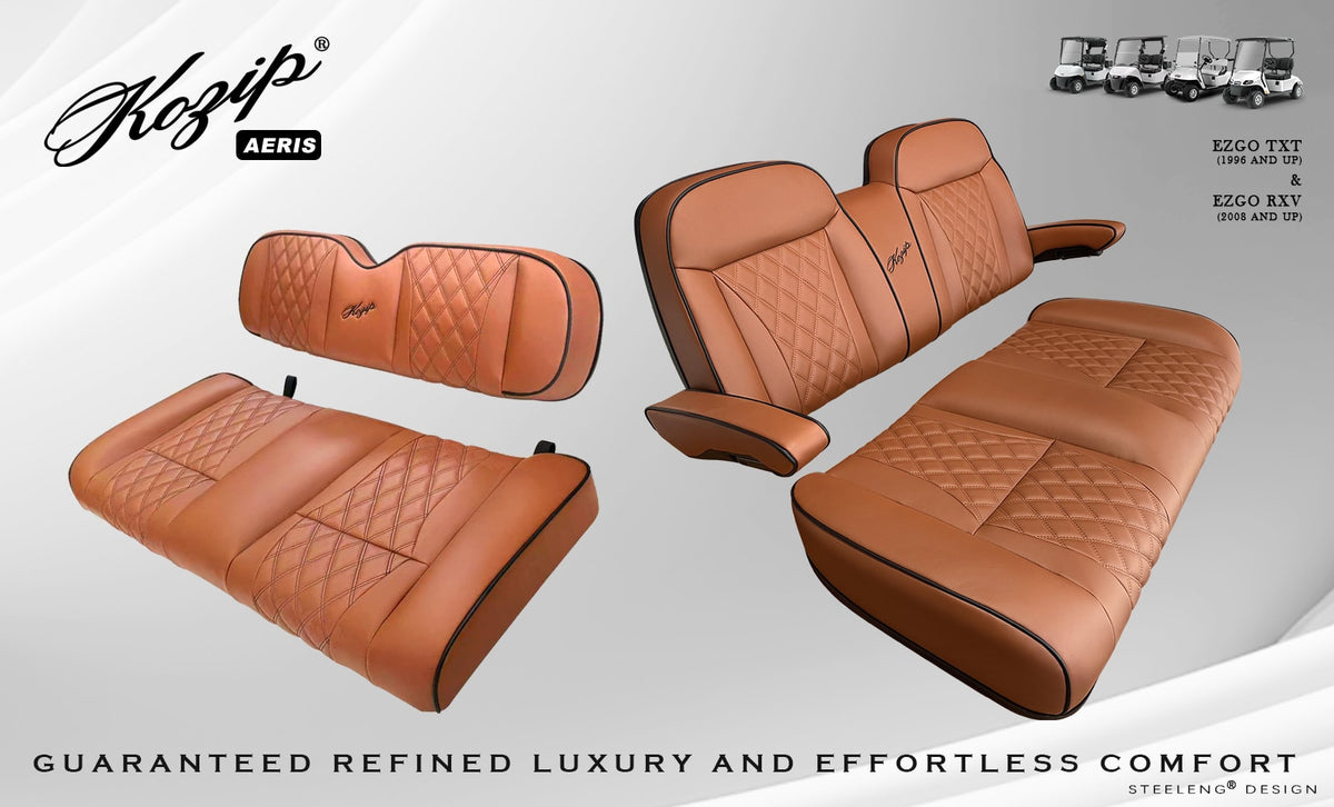 Kozip (AERIS) Front and Rear Seat Cushion Set – Brown Base with Black Piping – Brown Cross Stitch for EZGO RXV/TXT