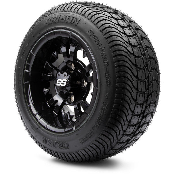 MODZ® 10" Vampire Glossy Black Wheels on Arisun Cruze 205/50-10 Street Tire MODZ