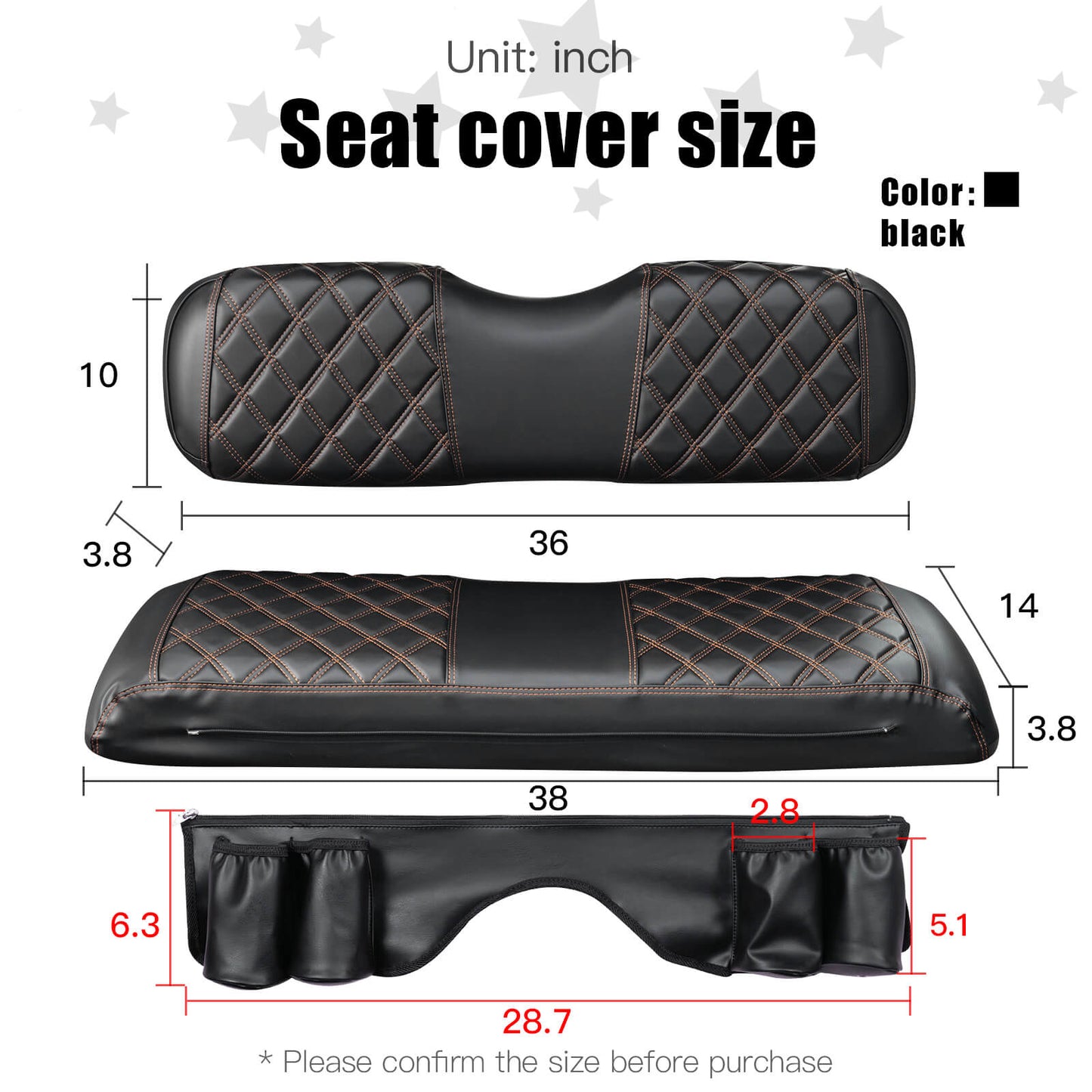 Nokins Seat Cover (Black With Brown Stitching Pockets) Club Car Precedent