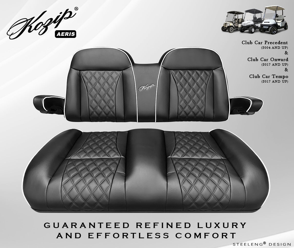 Kozip (AERIS) Front Seat Cushion Set – Black Base with White Piping – Black Cross Stitch for Club Car Precedent (2004-2018) / Club Car Tempo (2018-up) / Club Car Onward (2017-up)