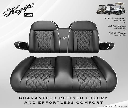 Kozip (AERIS) Front Seat Cushion Set – Black Base with White Piping – Black Cross Stitch for Club Car Precedent (2004-2018) / Club Car Tempo (2018-up) / Club Car Onward (2017-up)