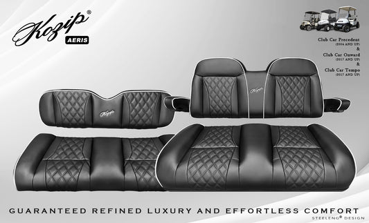 ozip (AERIS) Front and Rear Seat Cushion Set – Black Base with White Piping – Black Cross Stitch for Club Car Precedent (2004-2018) / Club Car Tempo (2018-up) / Club Car Onward (2017-up)