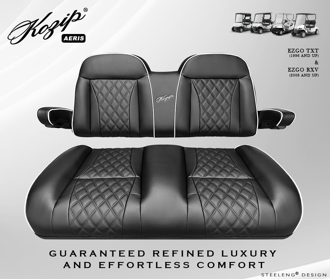 Kozip Aeris Front Seat Cushion Set – Black Base with White Piping – Black Cross Stitch for EZGO RXV/TXT
