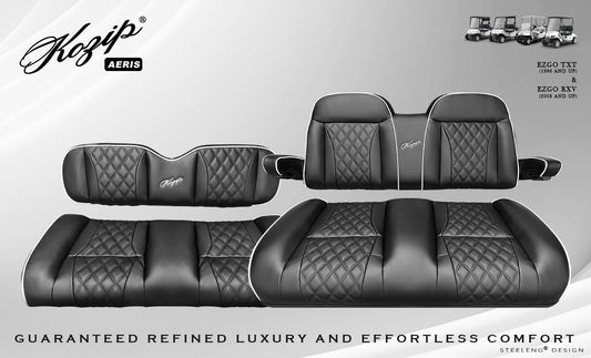 Kozip (AERIS) Front and Rear Seat Cushion Set – Black Base with White Piping – Black Cross Stitch for EZGO RXV/TXT