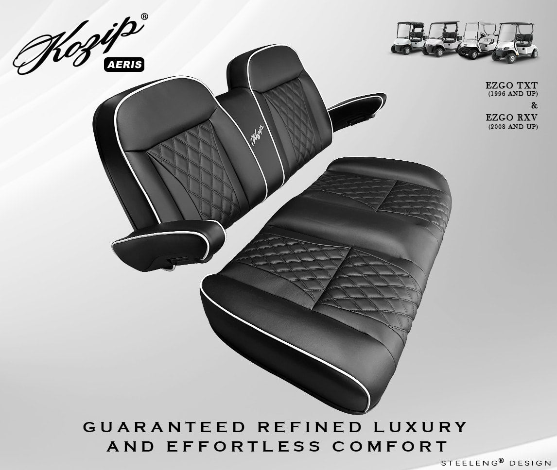 Kozip Aeris Front Seat Cushion Set – Black Base with White Piping – Black Cross Stitch for EZGO RXV/TXT