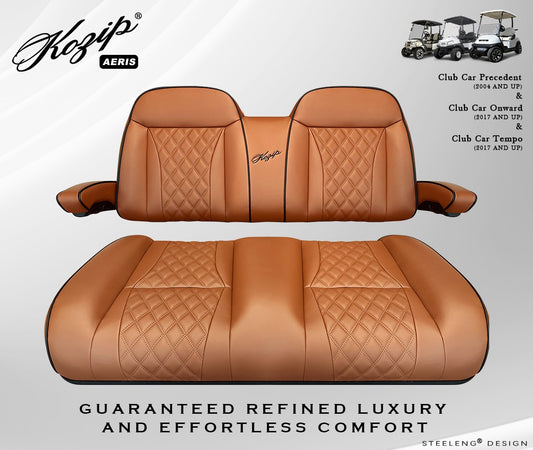 Kozip (AERIS) Front Seat Cushion Set – Brown Base with Black Piping – Brown Cross Stitch for Club Car Precedent (2004-2018) / Club Car Tempo (2018-up) / Club Car Onward (2017-up)
