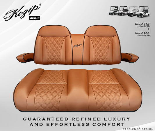 Kozip (AERIS) Front Seat Cushion Set – Brown Base with Black Piping – Brown Cross Stitch for EZGO RXV/TXT