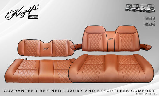 Kozip (AERIS) Front and Rear Seat Cushion Set – Brown Base with Black Piping – Brown Cross Stitch for EZGO RXV/TXT