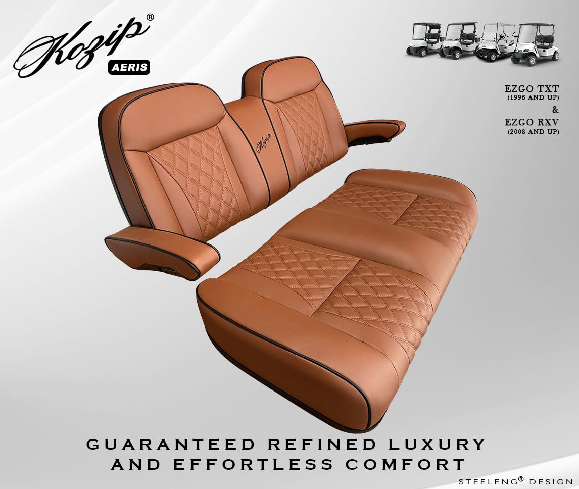 Kozip (AERIS) Front Seat Cushion Set – Brown Base with Black Piping – Brown Cross Stitch for EZGO RXV/TXT