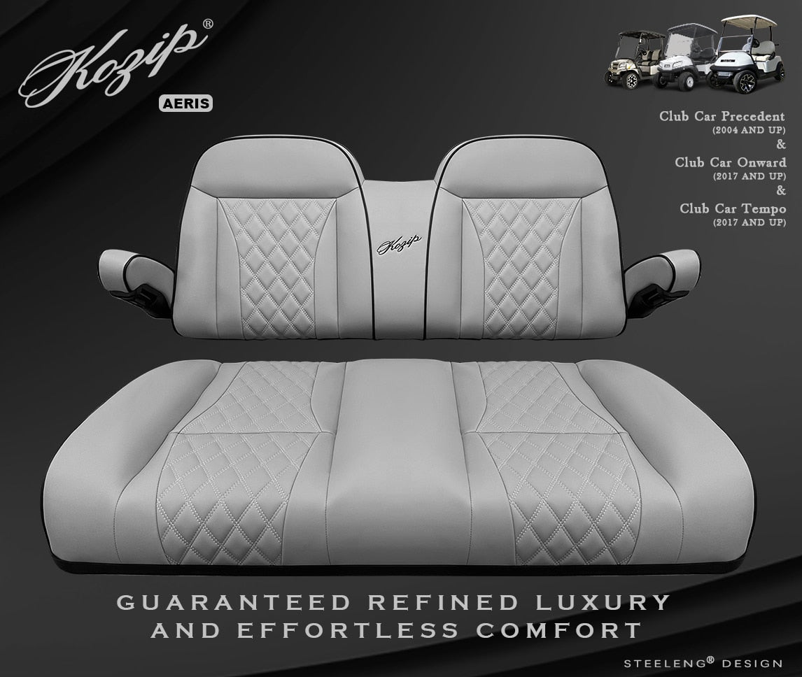 Kozip (AERIS) Front Seat Cushion Set – Gray Base with Black Piping – Gray Cross Stitch for Club Car Precedent (2004-2018) / Club Car Tempo (2018-up) / Club Car Onward (2017-up)