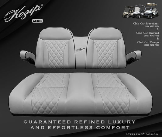 Kozip (AERIS) Front Seat Cushion Set – Gray Base with Black Piping – Gray Cross Stitch for Club Car Precedent (2004-2018) / Club Car Tempo (2018-up) / Club Car Onward (2017-up)