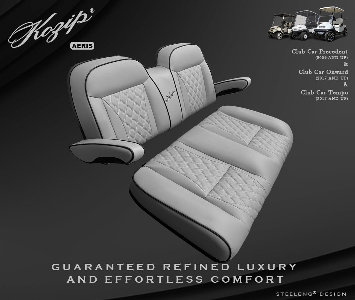 Kozip (AERIS) Front Seat Cushion Set – Gray Base with Black Piping – Gray Cross Stitch for Club Car Precedent (2004-2018) / Club Car Tempo (2018-up) / Club Car Onward (2017-up)