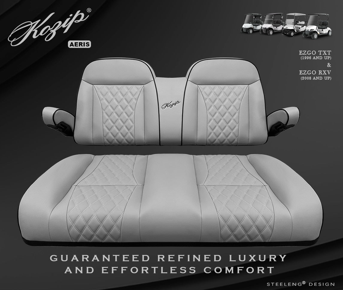 Kozip (AERIS) Front Seat Cushion Set – Gray Base with Black Piping – Gray Cross Stitch for EZGO RXV/TXT