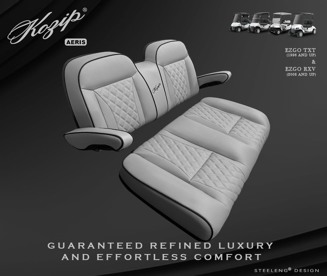 Kozip (AERIS) Front Seat Cushion Set – Gray Base with Black Piping – Gray Cross Stitch for EZGO RXV/TXT
