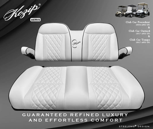KOZIP (AERIS) Front Seat Cushion Set – White Base with Black Piping – White Cross Stitch for Club Car Precedent (2004-2018) / Club Car Tempo (2018-up) / Club Car Onward (2017-up)