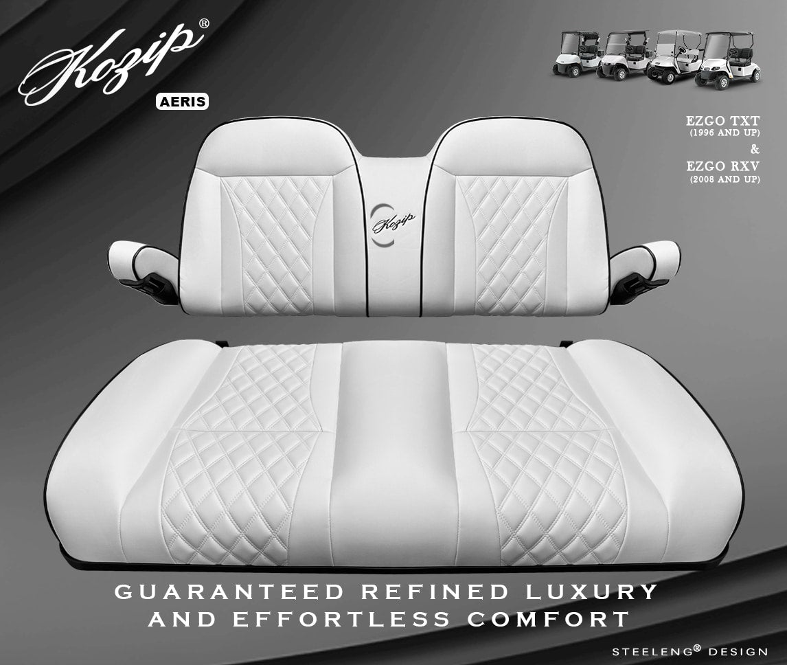 Kozip (AERIS) Front Seat Cushion Set – White Base with Black Piping – White Cross Stitch for EZGO RXV/TXT