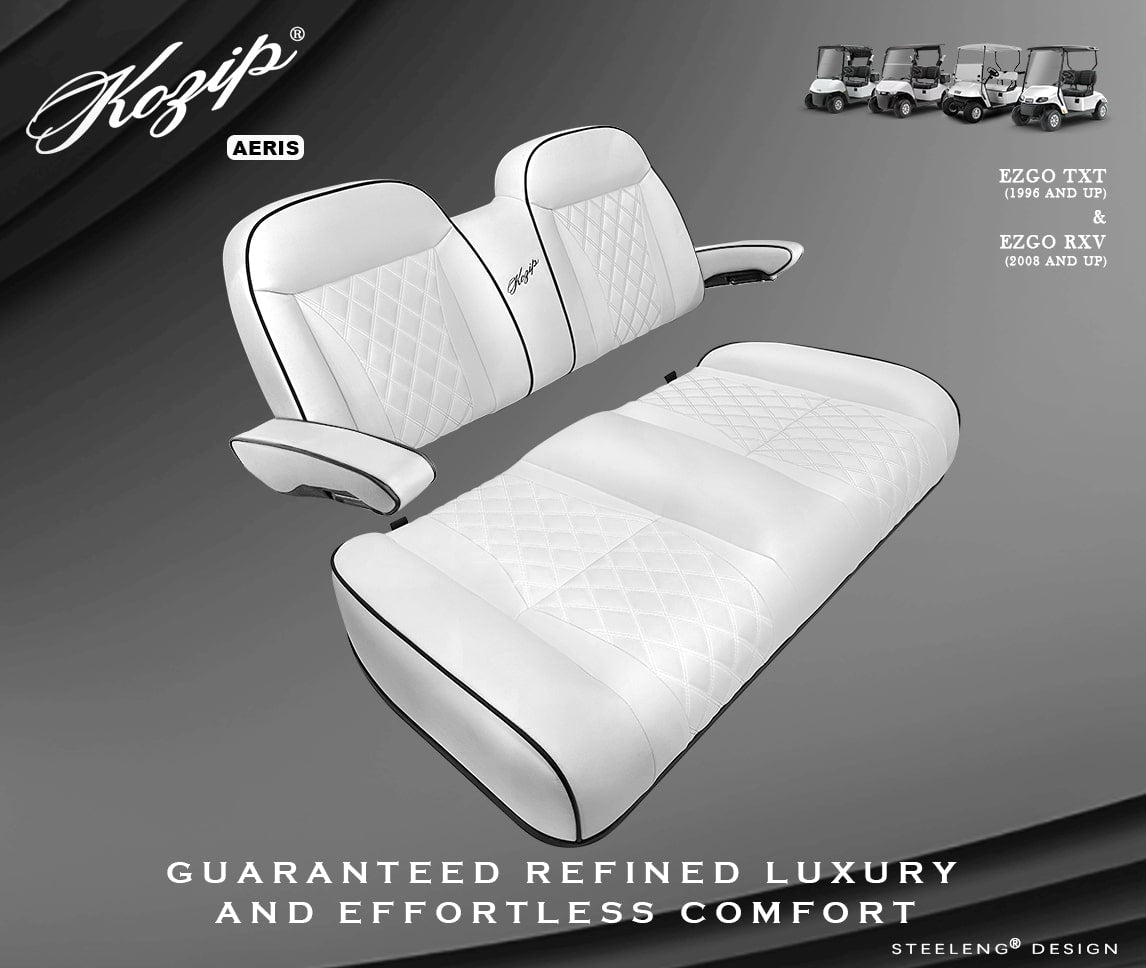 Kozip (AERIS) Front Seat Cushion Set – White Base with Black Piping – White Cross Stitch for EZGO RXV/TXT