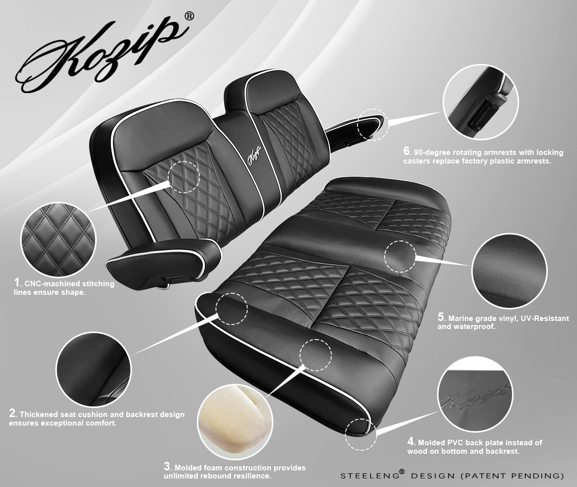 Kozip Aeris Front Seat Cushion Set – Black Base with White Piping – Black Cross Stitch for EZGO RXV/TXT