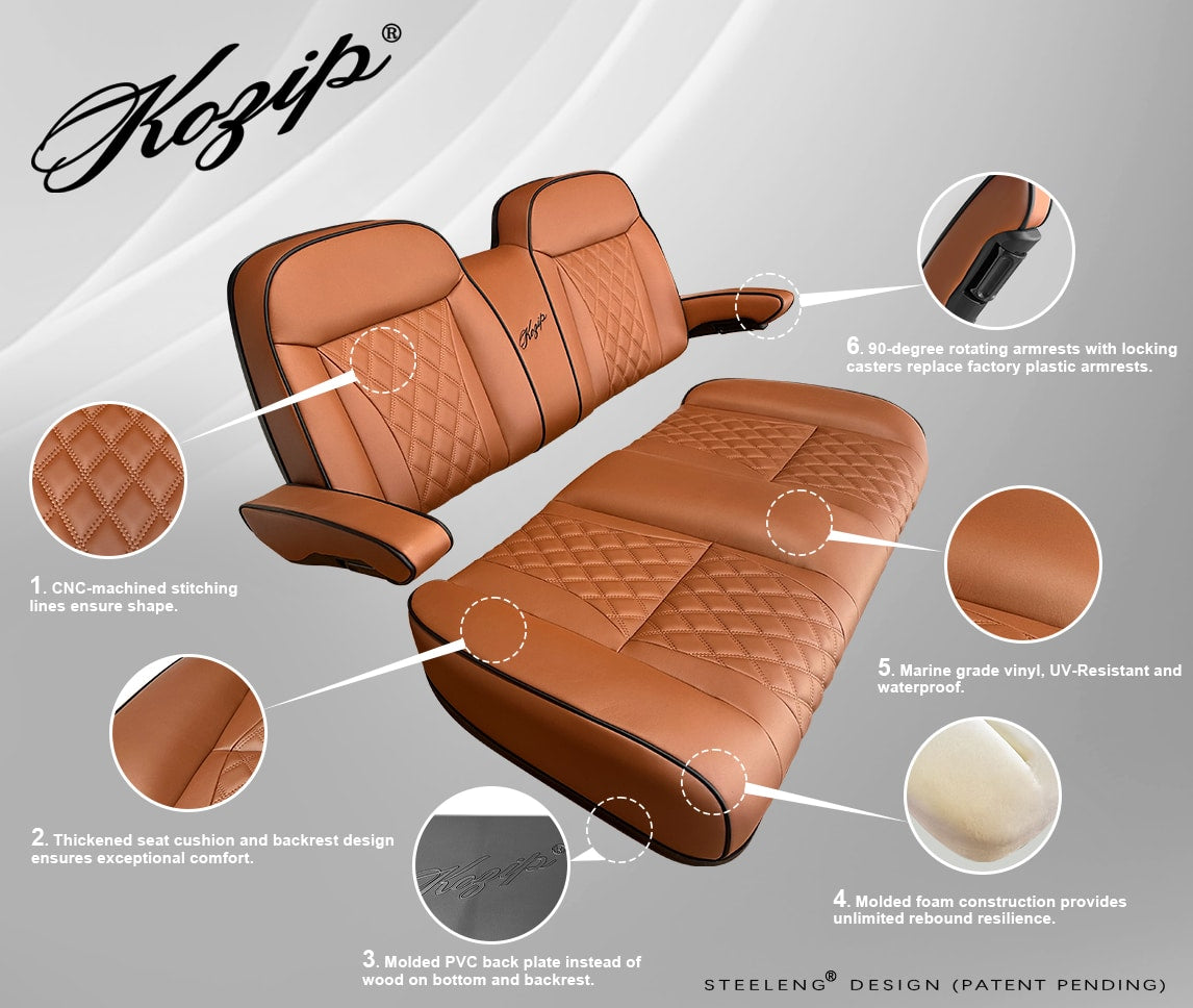 Kozip (AERIS) Front Seat Cushion Set – Brown Base with Black Piping – Brown Cross Stitch for EZGO RXV/TXT