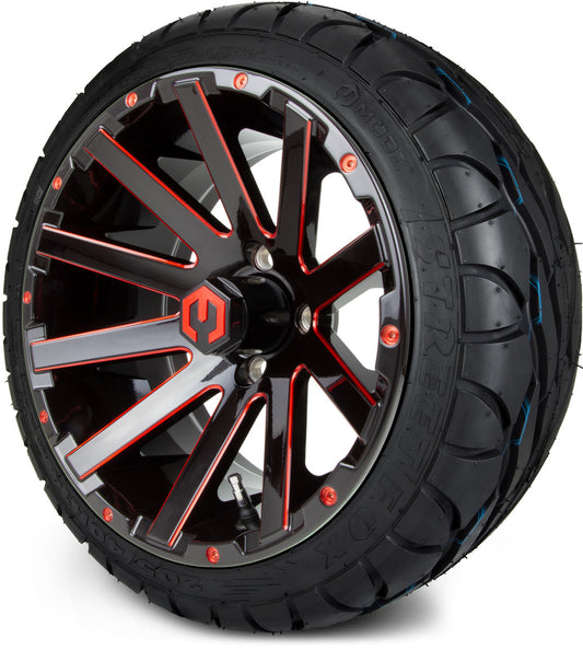 14" Mauler Glossy Black and Red with Ball Mill Wheels & Street Tires Combo MODZ