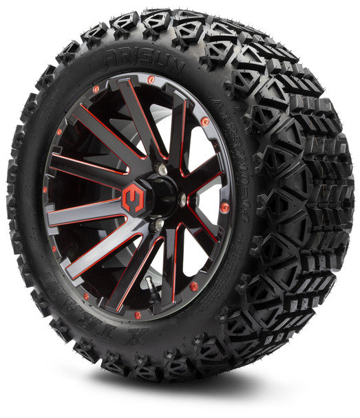 14" Mauler Glossy Black and Red with Ball Mill Wheels & Off-Road Tires Combo