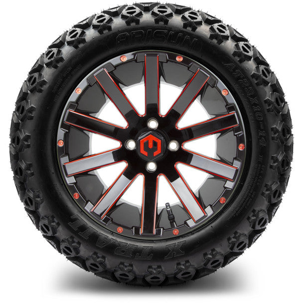 14" Mauler Glossy Black and Red with Ball Mill Wheels & Off-Road Tires Combo