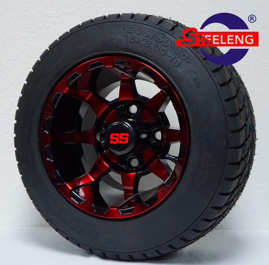 10"X7" RED/BLACK 'VORTEX' ALUMINUM ALLOY WHEELS / LOW PROFILE 205/50-10