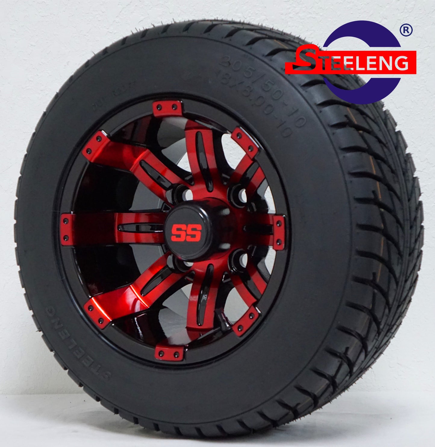 10"X7" RED/BLACK 'TEMPEST' ALUMINUM ALLOY WHEELS / LOW PROFILE 205/50-10