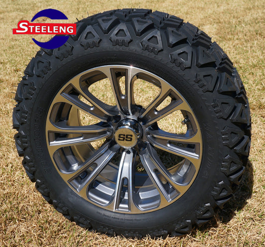 14"X7" MACHINED/GUNMETAL 'VECTOR' ALUMINUM ALLOY WHEELS / 23X10X14 ALL TERRAIN TIRE