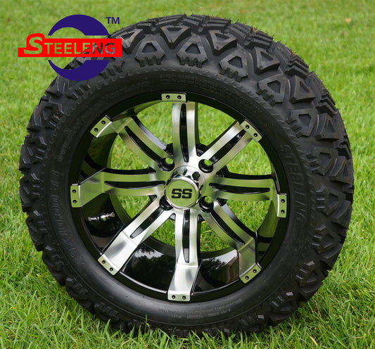 14"X7" MACHINED/BLACK 'TEMPEST' ALUMINUM ALLOY WHEELS / 23X10X14 ALL TERRAIN TIRE