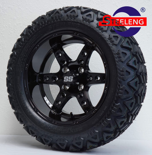 14"X7" BLACK 'TURBINE' ALUMINUM ALLOY WHEELS / 23X10X14 ALL TERRAIN TIRES