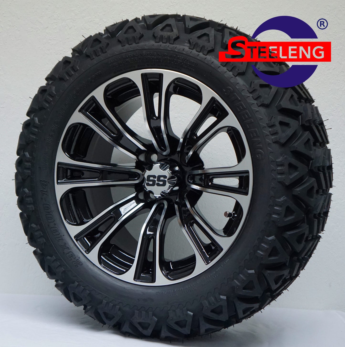 14"X7" MACHINED/BLACK 'VECTOR' ALUMINUM ALLOY WHEELS / 23X10X14 ALL TERRAIN TIRE