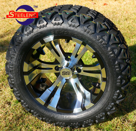 14"X7" MACHINED/BLACK 'VAMPIRE' ALUMINUM ALLOY WHEELS / 23X10X14 ALL TERRAIN TIRE