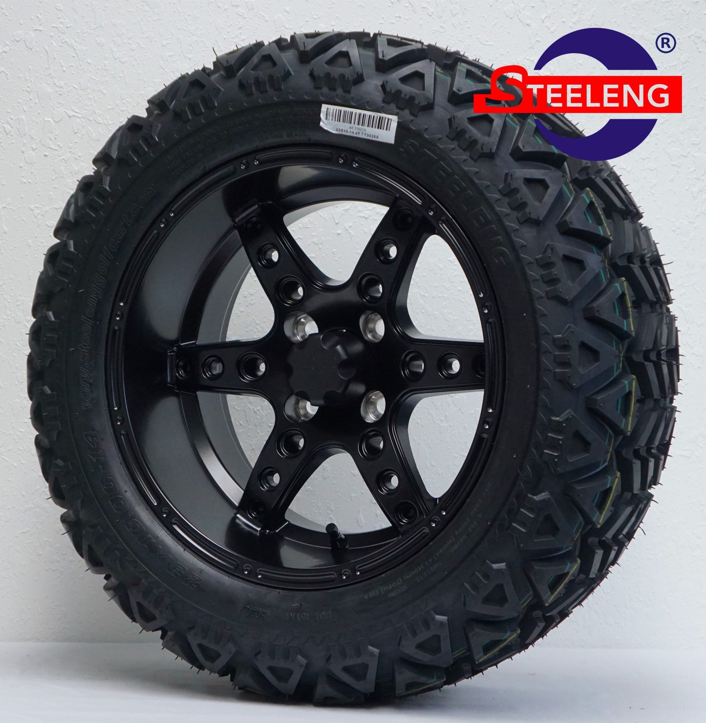 14"X7" MATT BLACK 'TURBINE' ALUMINUM ALLOY WHEELS / 23X0X14 ALL TERRAIN TIRE