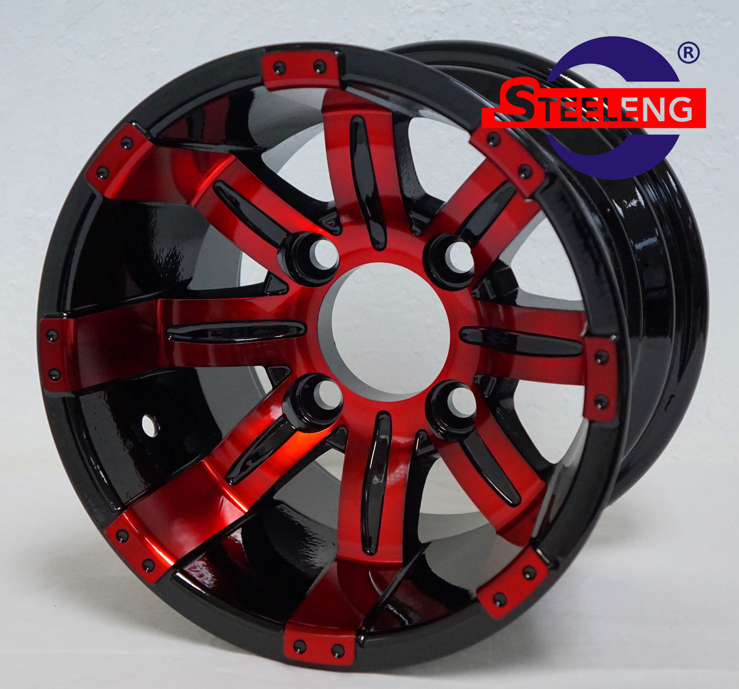 10"X7" RED/BLACK 'TEMPEST' ALUMINUM ALLOY WHEELS / LOW PROFILE 205/50-10